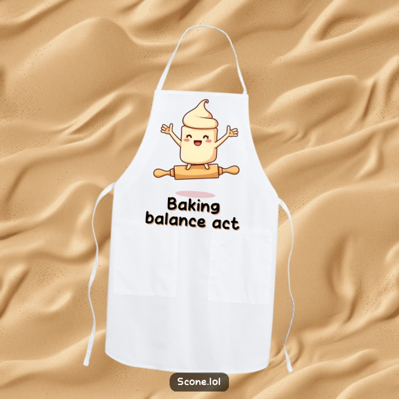 Funny apron showing a scone character precariously balanced on a rolling pin, arms flailing, designed for cooks who love humor.