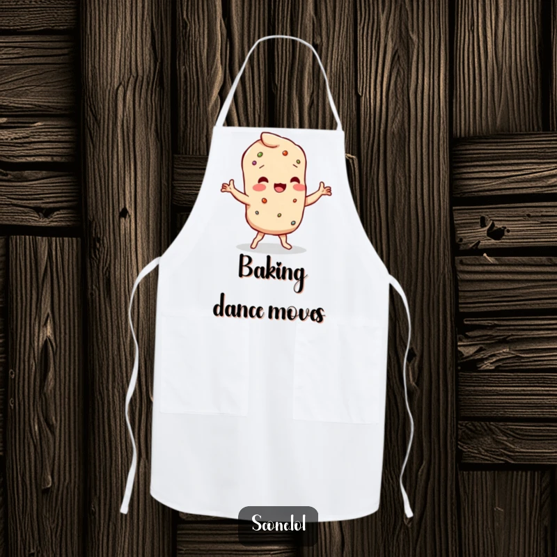 Funny scone character doing a humorous wobbly dance with crumbly limbs, on a practical kitchen apron.