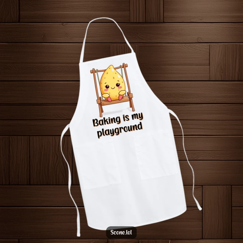 Funny Scone Baker Apron: A happy scone enjoys a swing, adding charm and cheer to kitchen tasks. Great cooking gift.