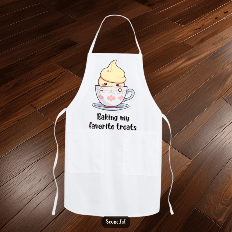 Funny apron depicting a charming scone character peeking from behind a teacup graphic, ready for kitchen fun.