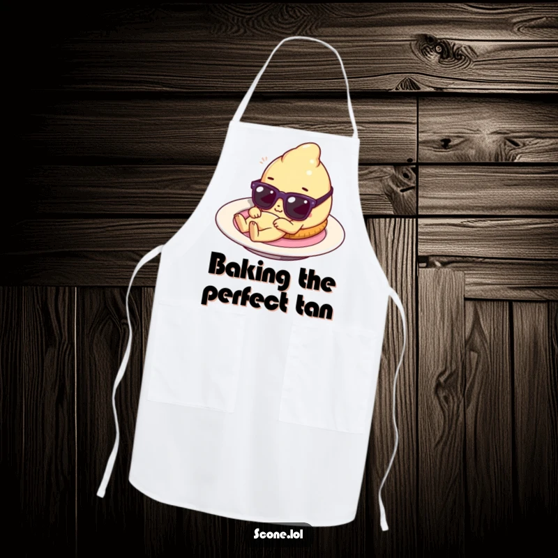 Funny scone character in tiny sunglasses relaxing on a plate, a humorous apron for kitchen fun and stylish baked good creation.