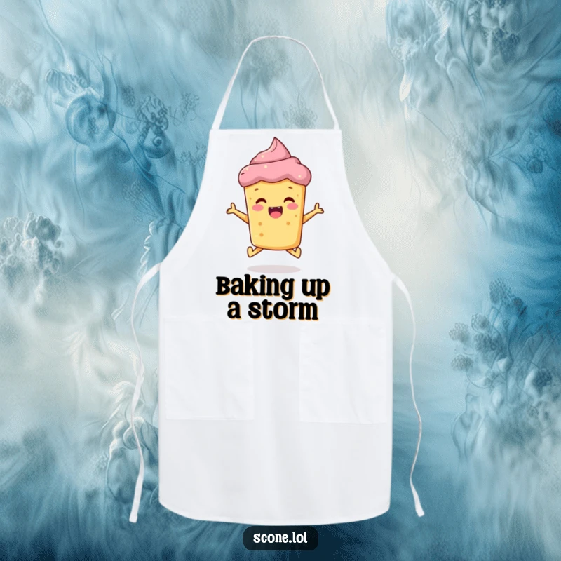 Funny scone apron, a cheerful baked good jumping with delight while cooking, adding humor to kitchen tasks.