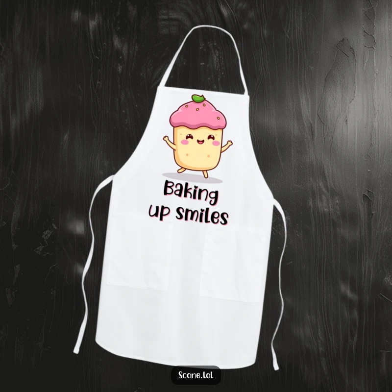 Funny apron featuring a smiling scone character performing a happy bounce, ideal for cheerful baking sessions.