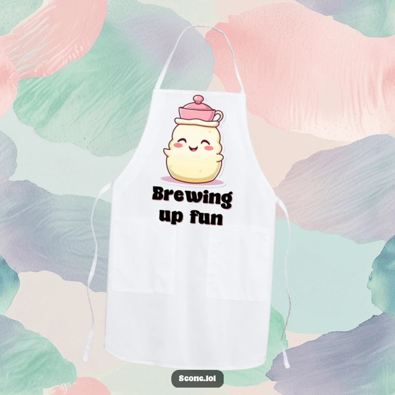 Funny apron featuring a scone character wearing a tiny teacup as a hat, grinning, ideal for whimsical tea parties.