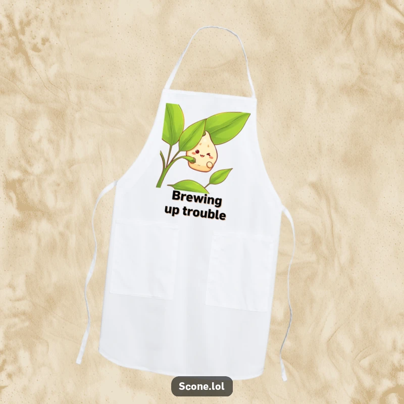 Funny Apron: A scone character grins mischievously while peeking from behind a large tea leaf, bringing humor to the kitchen.