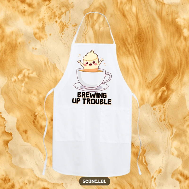 Funny scone character leaping into a steaming cup of tea, on a practical and funny kitchen apron.