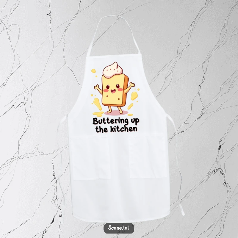 Funny Apron: A happy scone character is in mid-dance with butter splatters flying around, bringing a humorous and joyful vibe to the kitchen.