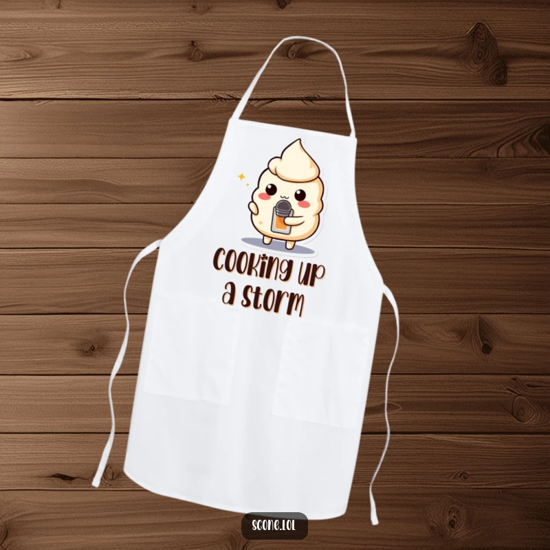 Funny apron featuring a scone character holding a teabag like a microphone, ready to perform culinary delights.