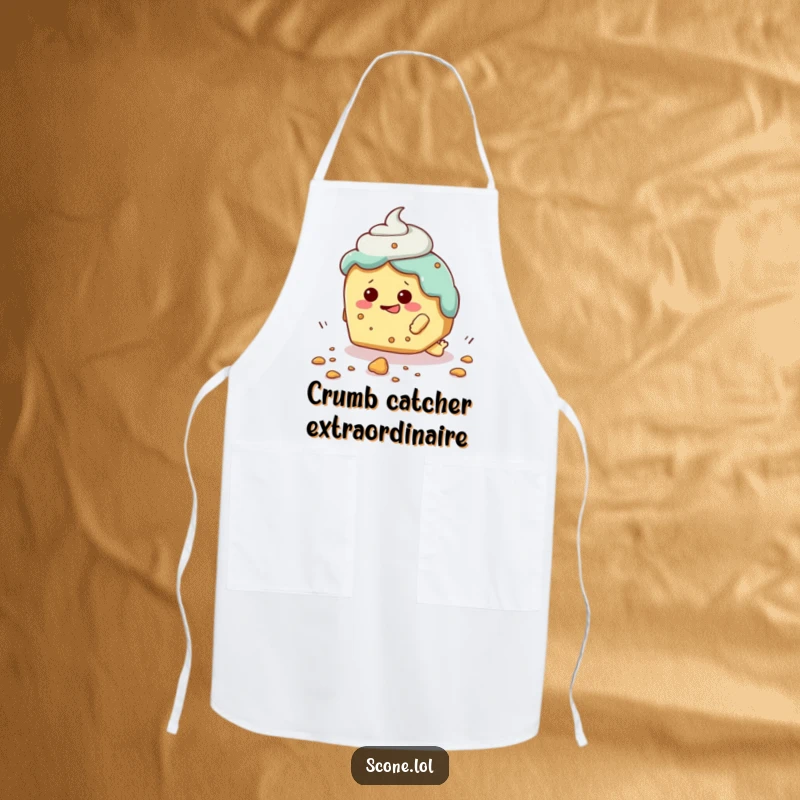 Funny apron featuring a scone character comically tripping over a crumb, adding a touch of humorous mishap to cooking.
