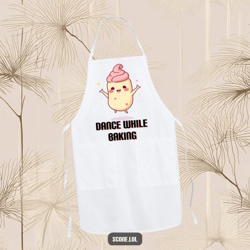 Funny scone character apron showing a scone doing a wobbly, happy dance, ideal for a fun and humorous cooking experience.