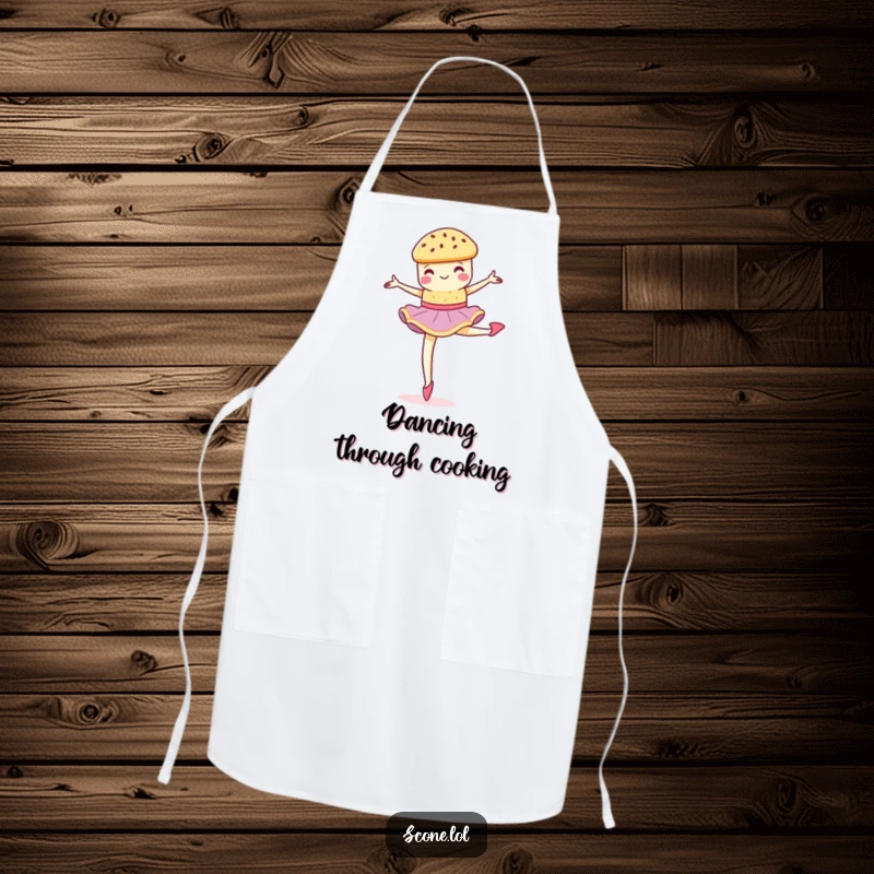 Funny scone performing a graceful, crumbly pirouette on a kitchen apron, perfect for baking with style.