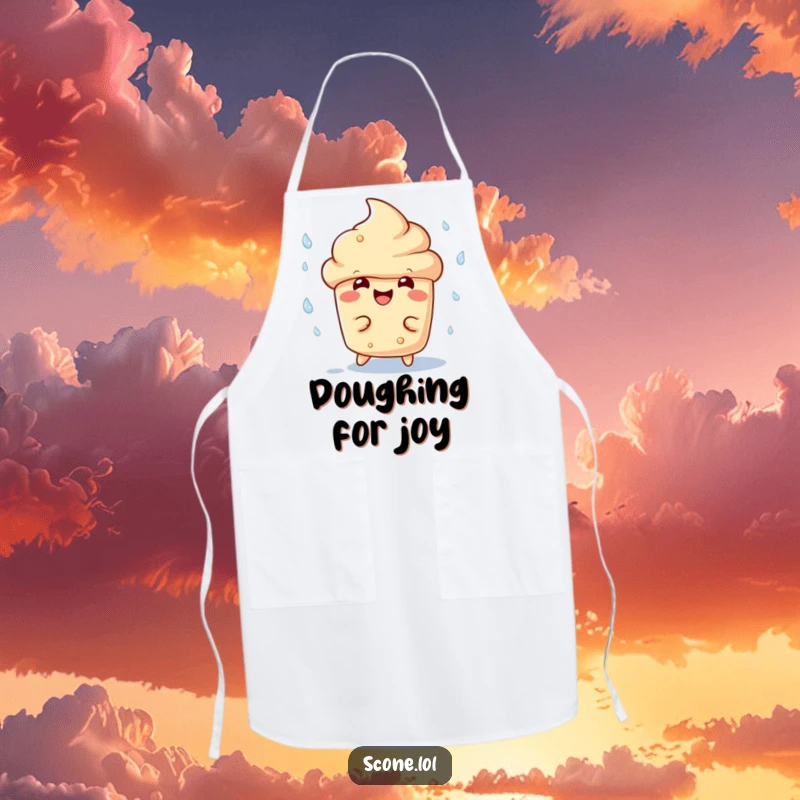 Funny scone character apron, with a wide, cheerful grin, playfully dodging raindrops while cooking, a humorous kitchen companion.