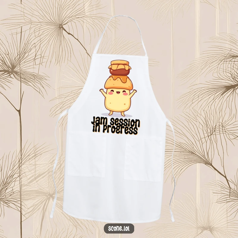 Funny apron showing a scone character balancing a jar of jam on its head, perfect for a meticulous and humorous chef.