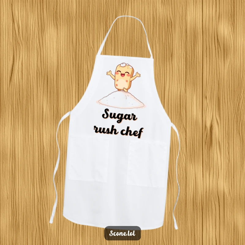 Funny giggling scone apron, depicting a scone joyfully hopping on sugar, perfect for humorous and sweet baking sessions.