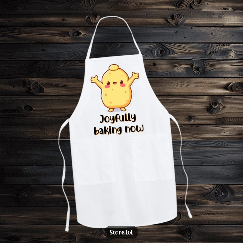 Funny happy scone apron with a scone extending open arms, perfect for spreading cheer while cooking and baking.