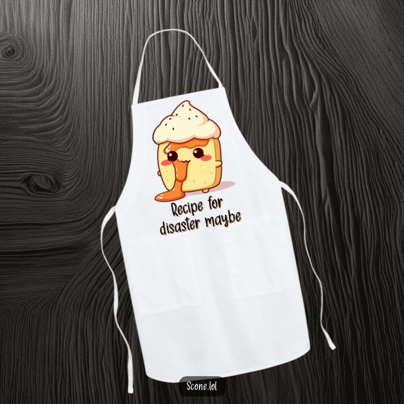 Funny Jam Face Scone Apron: A chef's apron featuring a scone character looking comically bewildered with jam on its face.