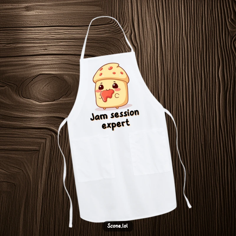 Funny apron featuring a scone character with jam splattered on its face, looking pleased and ready for messy baking.