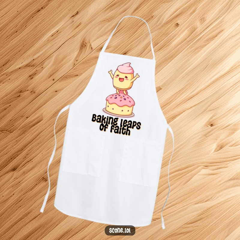 Funny apron featuring a scone character leaping joyfully onto a doll-sized teacake, ideal for joyful baking.
