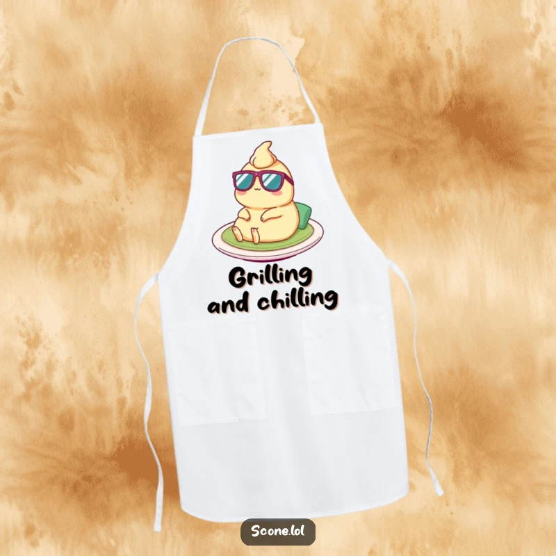 Funny Satay Apron: A humorous cooking apron featuring a satay character with tiny sunglasses, ready for kitchen fun.