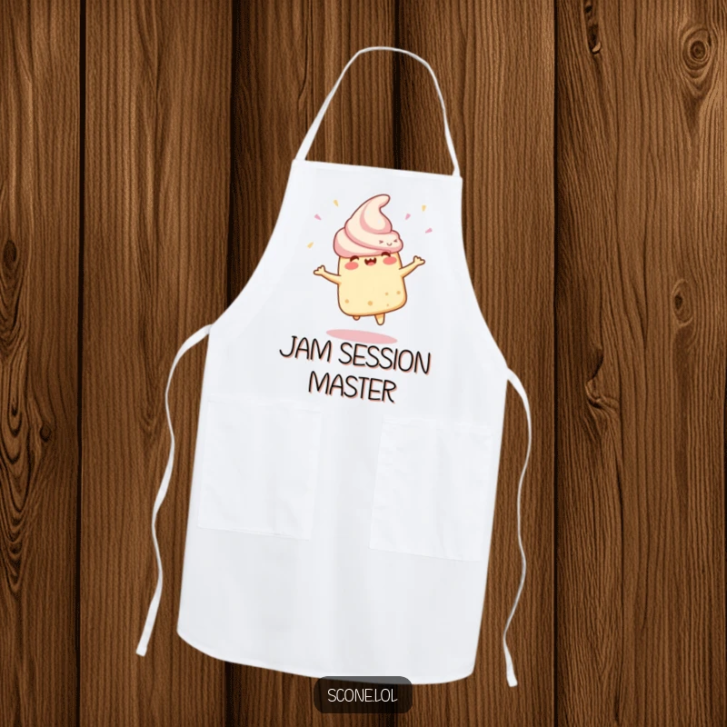 Funny Apron showing a scone character doing a celebratory spin, perfect for cooks who love to add fun to their kitchen.