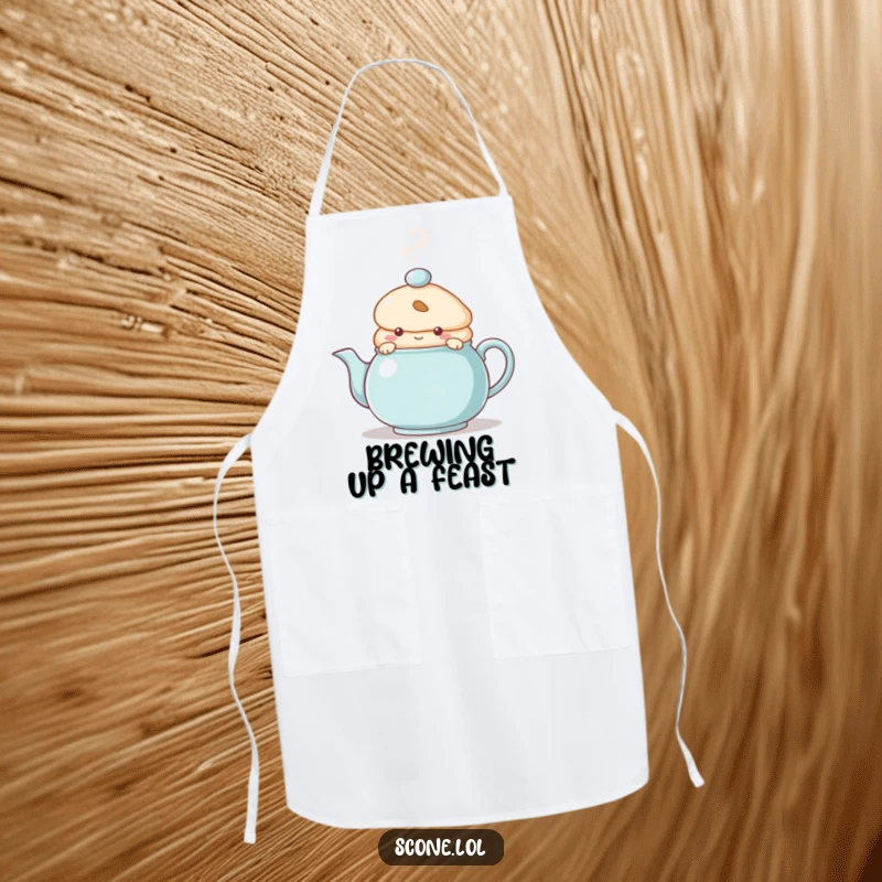 Funny Apron showing a scone character peeking from behind a steaming teapot, perfect for bakers who love adding a playful touch to cooking.