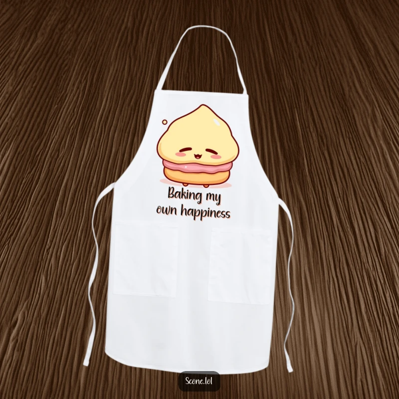 Funny Apron showing a scone character sighing with satisfaction, ideal for chefs and home cooks who love baking and humor.