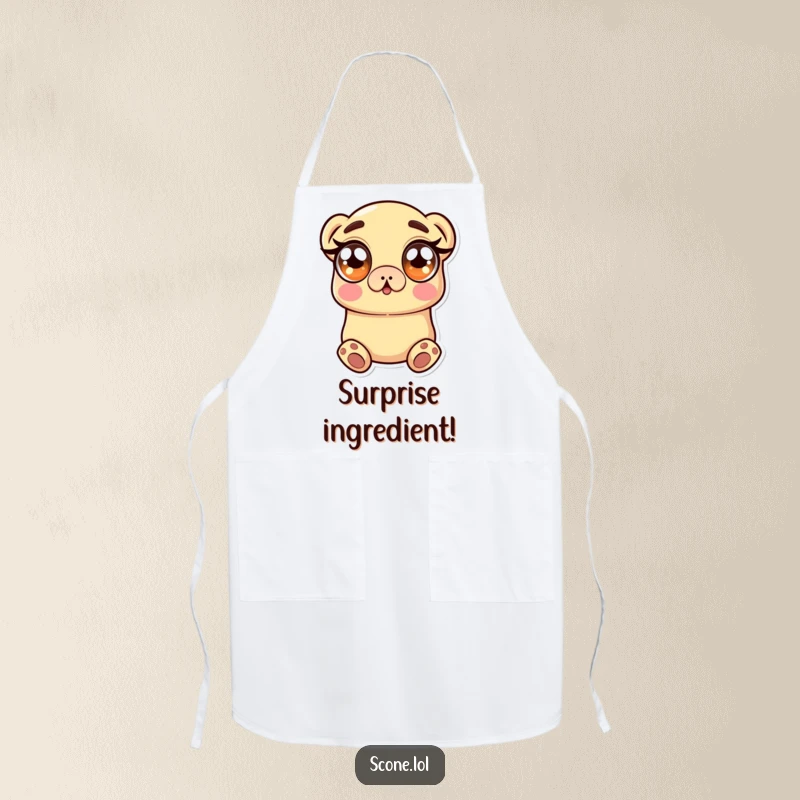 Funny Apron showing a scone character with wide, surprised eyes, perfect for cooks who enjoy adding a humorous element to baking.