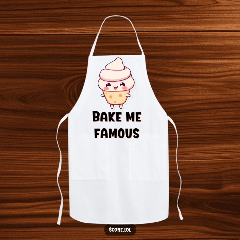 Funny scone apron with a scone character energetically bouncing, perfect for a joyful cooking experience.