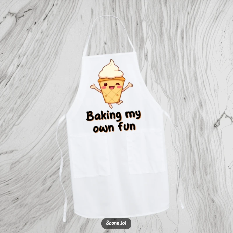 Funny Scone Character Apron, wearing a cream hat, in a joyful jumping pose, ready for kitchen fun.