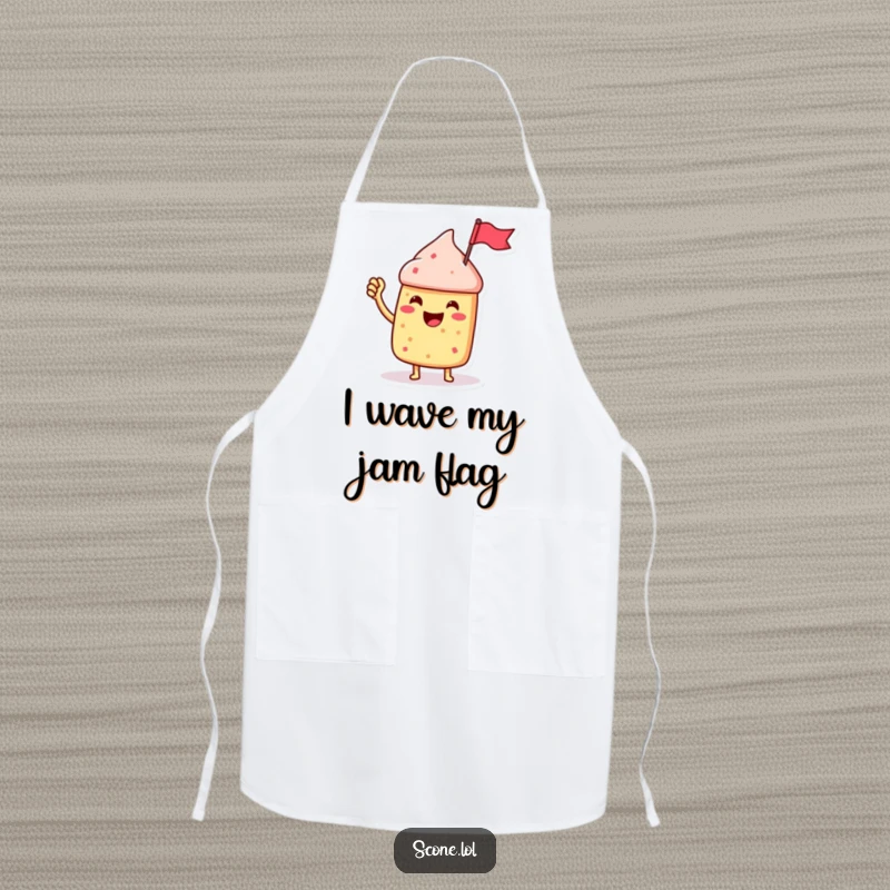 Funny Scone Character Apron, waving a jam jar flag with immense enthusiasm, ready to bring joy to the kitchen.