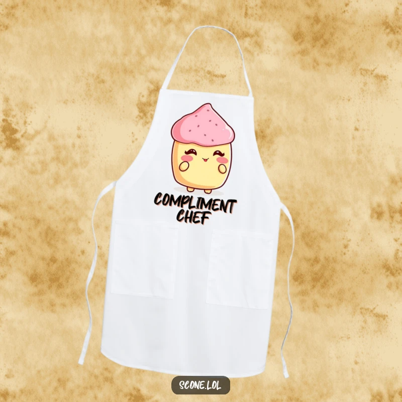 Funny apron showing a scone blushing delightfully while accepting a compliment, ready for sweet baking creations.