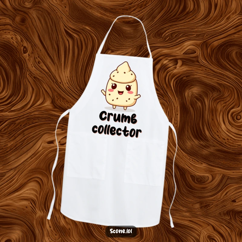 Funny scone character apron showing a scone cheerfully offering a crumb, ideal for a sweet and humorous cooking experience.