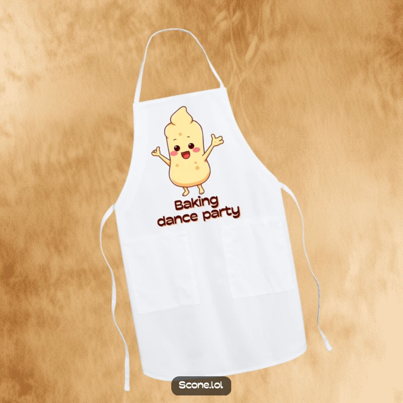 Funny apron depicting a scone character in a funny, silly dance pose, perfect for a humorous kitchen accessory.