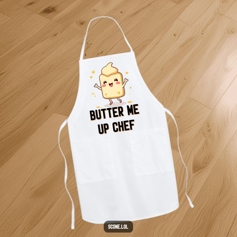Funny Scone Apron: A humorous apron featuring a happy scone character dancing with butter splatters, perfect for joyful cooking.