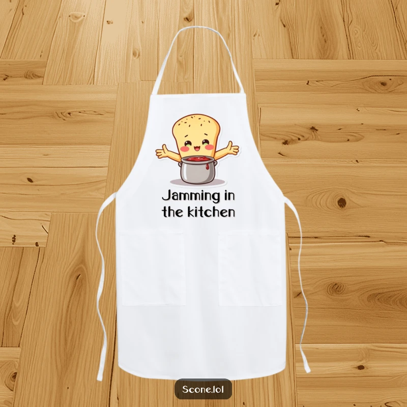 Funny Apron: A scone character embraces a pot of jam with open arms, bringing a humorous and loving vibe to the kitchen.