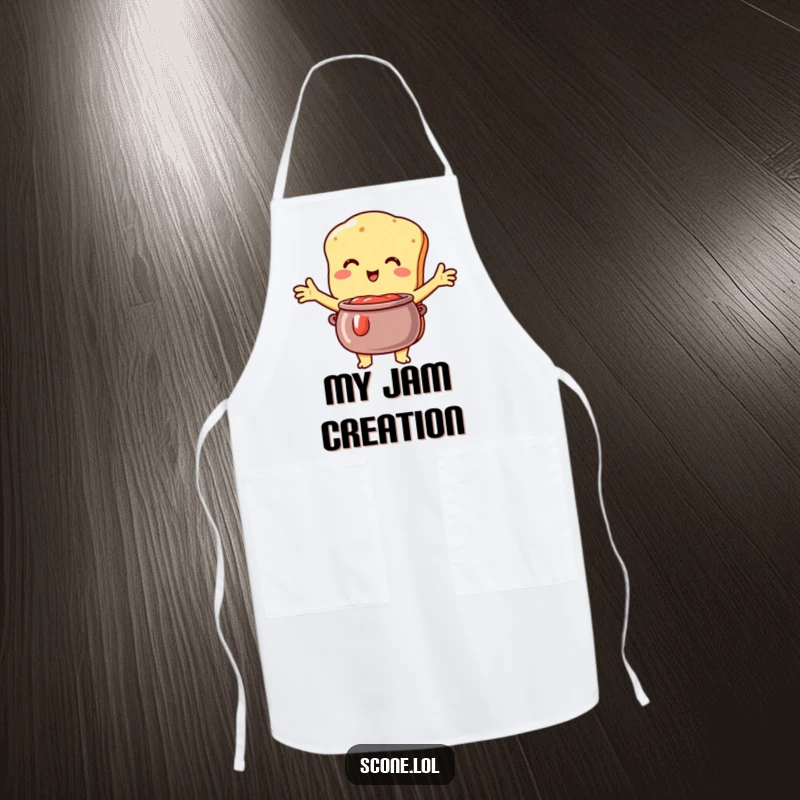 Funny Scone Apron: A humorous apron featuring a scone character embracing a jam pot, perfect for sweet cooking.