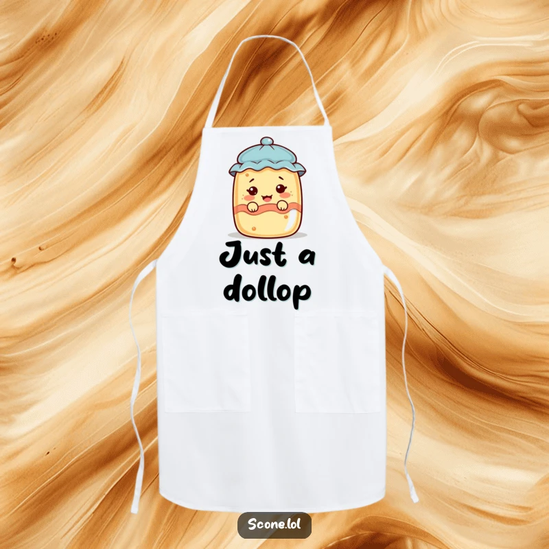 Funny scone character peeking from a jam jar, pulling a funny face, on a practical and funny kitchen apron.