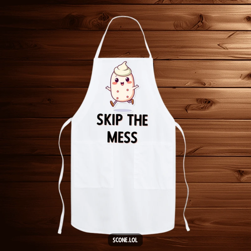 Funny scone character apron depicting a scone doing a jaunty skip, ideal for a cheerful and humorous cooking experience.