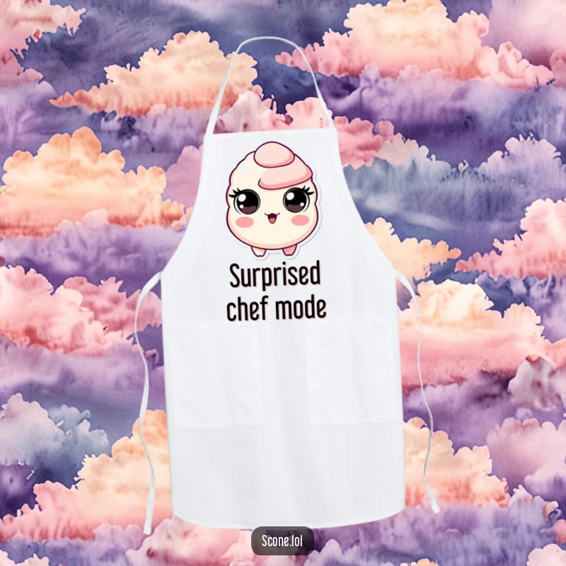 Funny apron showing a scone character with wide, circular eyes in a state of comical surprise, perfect for kitchen humor.
