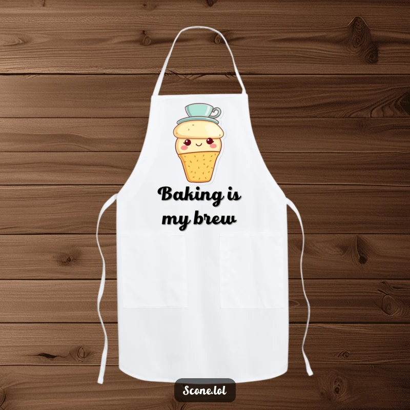 Funny scone character wearing a tiny teacup hat and smiling on a durable apron, perfect for delightful baking sessions.