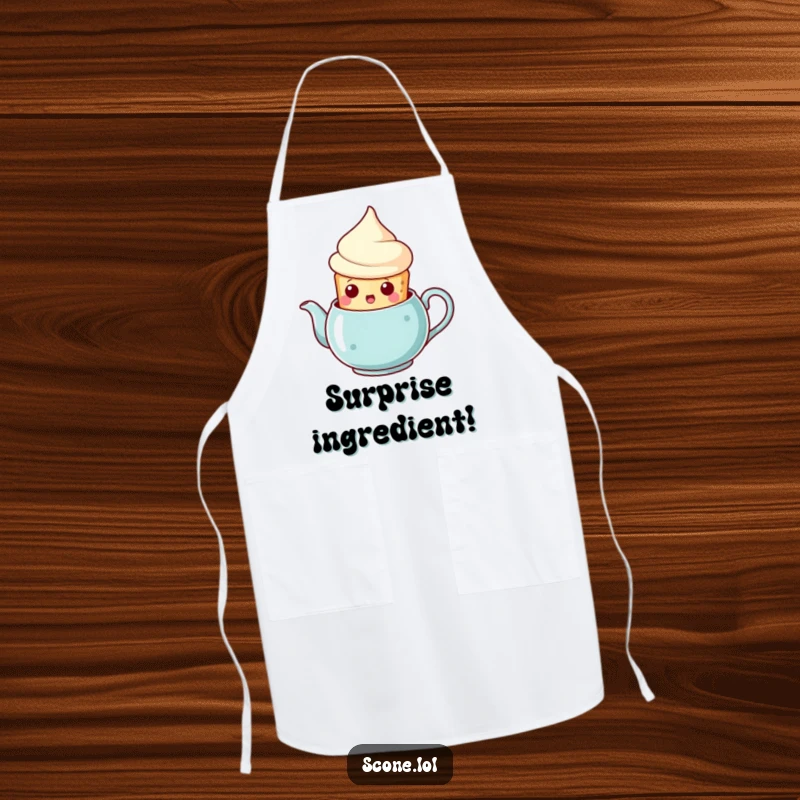 Funny scone teapot surprise apron, a scone popping out of a teapot with a surprised face, a humorous and practical kitchen accessory.