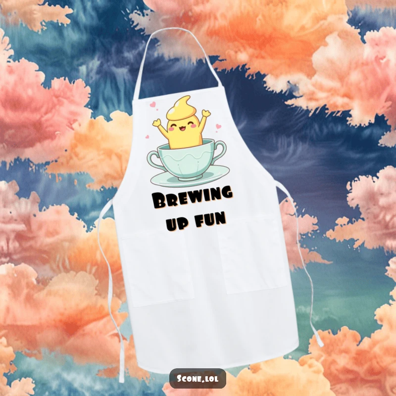Funny Teacup Dance Scone Apron: A chef's apron featuring a scone character doing a clumsy, fun dance inside a teacup.
