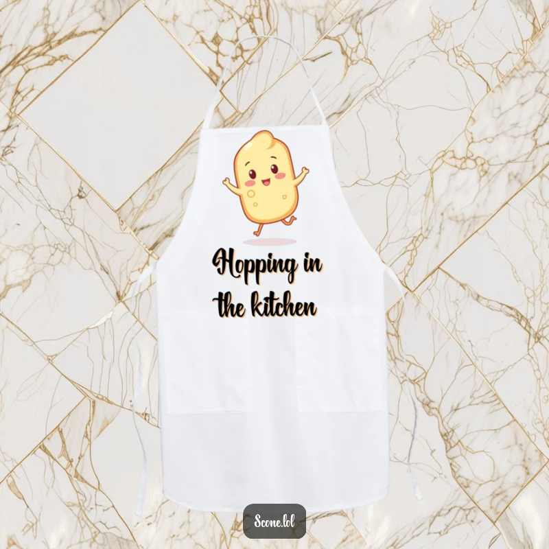 Funny scone with crumbly legs hopping joyfully on a kitchen apron, ready for baking fun.