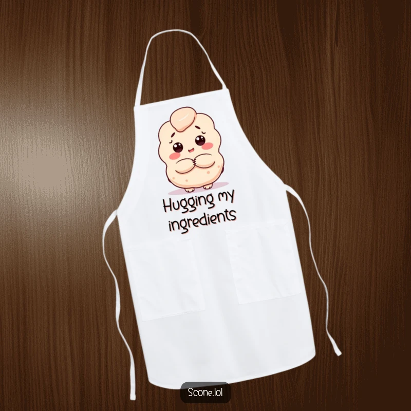 Funny scone apron, a baked good character giving a warm hug, adding comfort and humor to kitchen wear.