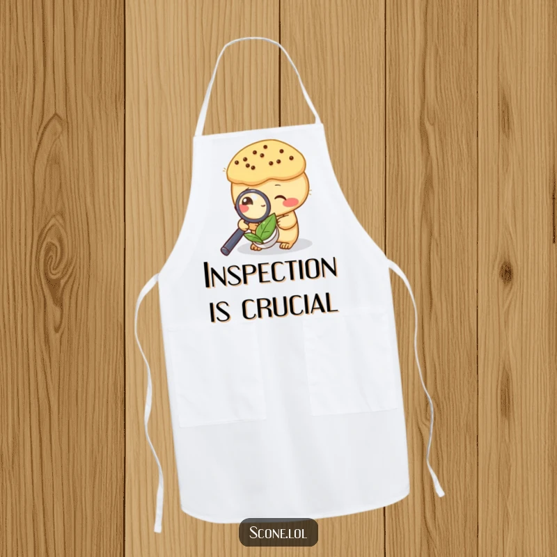 Funny apron with a scone using a magnifying glass on a tea leaf, a humorous kitchen accessory for detectives.
