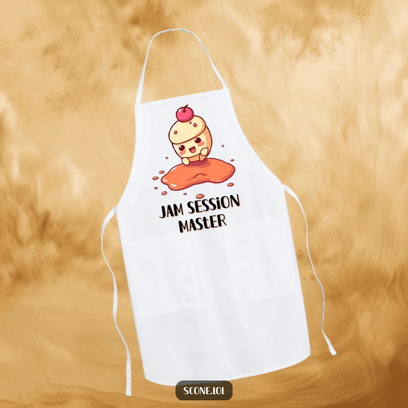 Funny apron depicting a scone character in a dramatic slide across a jam puddle, perfect for a humorous kitchen statement.