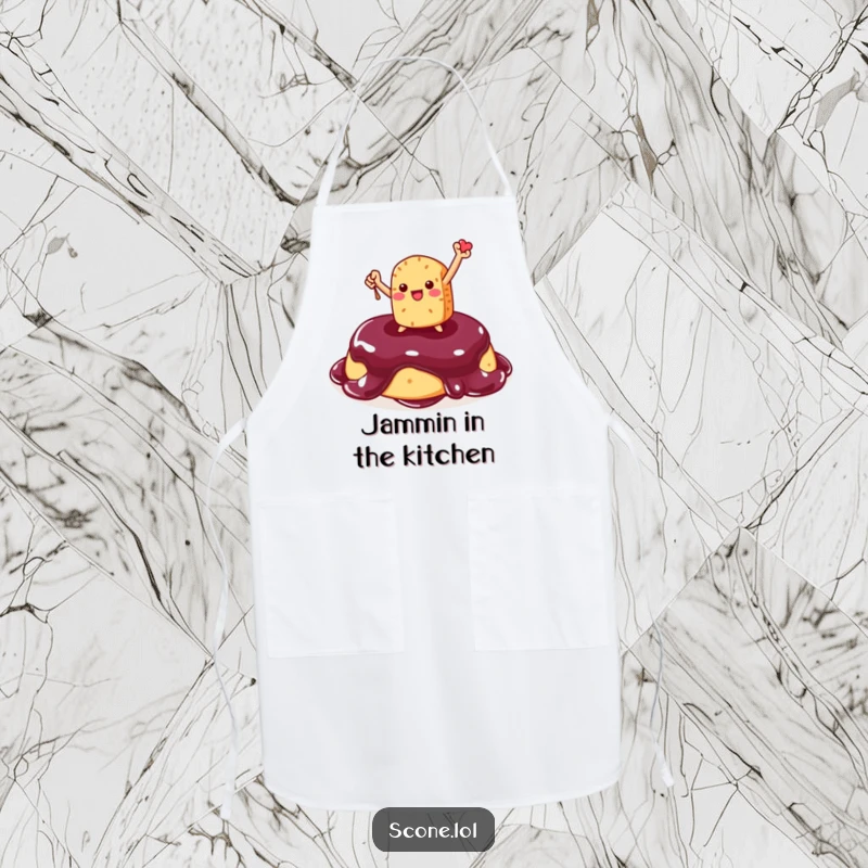 Funny Scone Apron: A humorous apron with a triumphant scone character standing on jam, ready for culinary conquest.