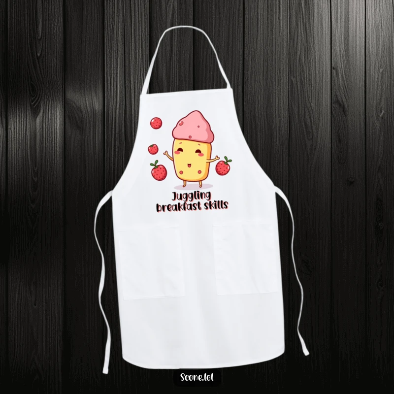 Funny Scone Character Apron, playfully juggling three small berries, ready to add fun and skill to the kitchen.