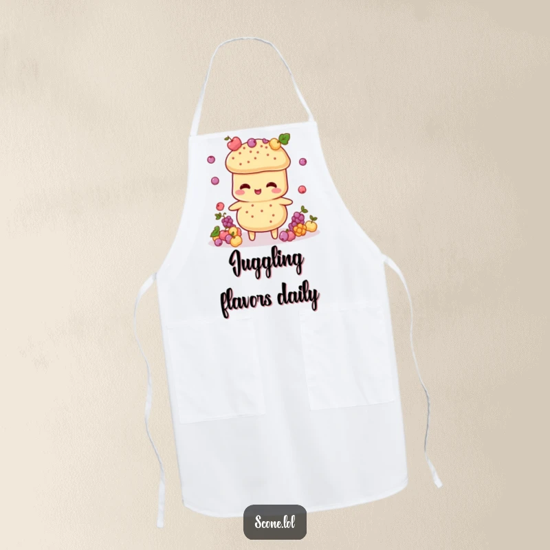 Funny Scone Juggler Apron: A chef's apron featuring a scone character artistically juggling tiny currant decorations during cooking.