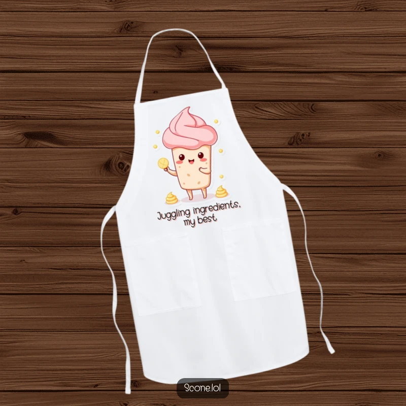 Funny apron featuring a scone character juggling cream, designed for chefs who love to add humor to their cooking.